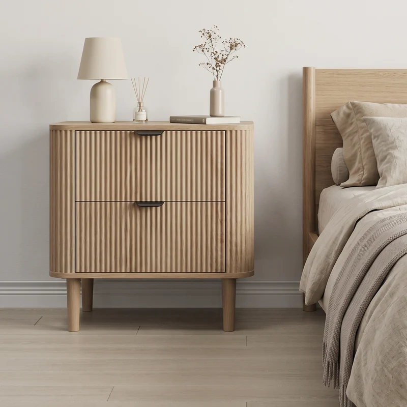 Table de chevet effet chêne cannelés 2 tiroirs, style scandinave ALPINESOFA