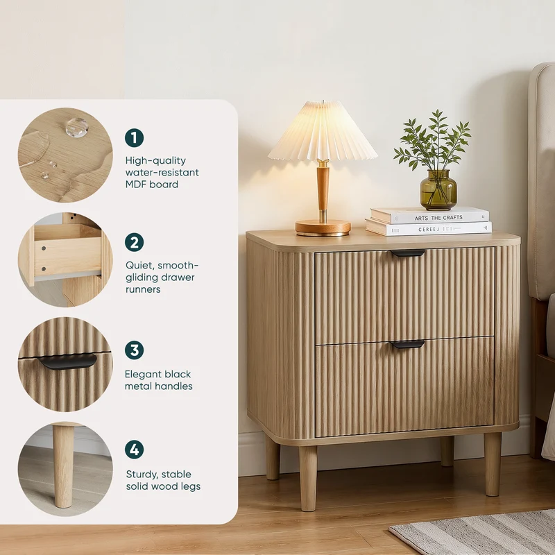 Table de chevet effet chêne cannelés 2 tiroirs, style scandinave ALPINESOFA