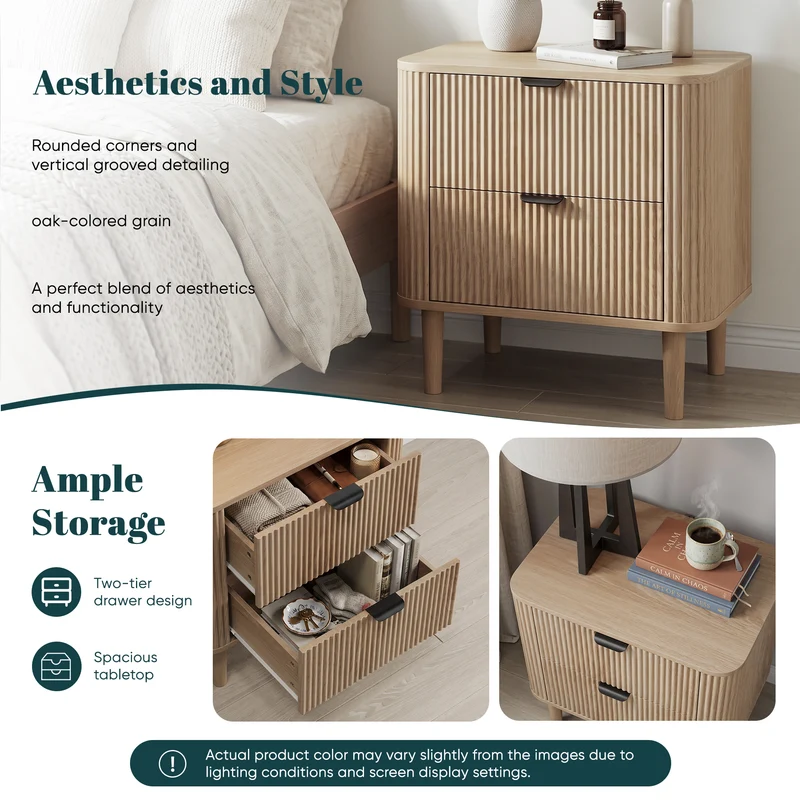 Table de chevet effet chêne cannelés 2 tiroirs, style scandinave ALPINESOFA