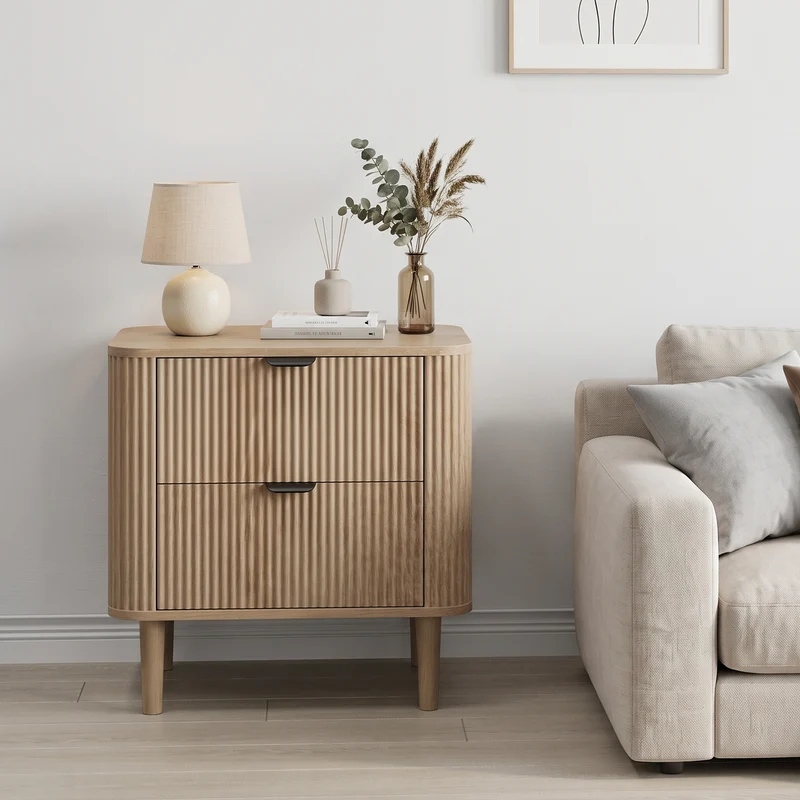 Table de chevet effet chêne cannelés 2 tiroirs, style scandinave ALPINESOFA