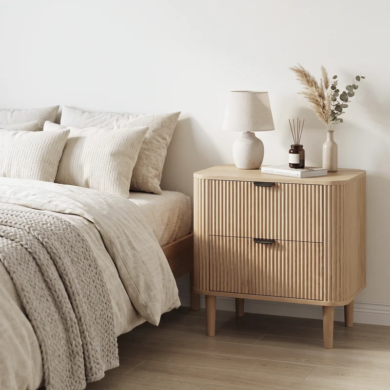 Table de chevet effet chêne cannelés 2 tiroirs, style scandinave ALPINESOFA