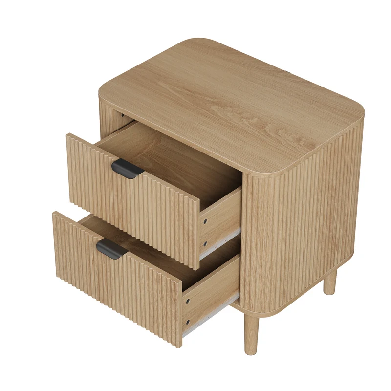 Table de chevet effet chêne cannelés 2 tiroirs, style scandinave ALPINESOFA