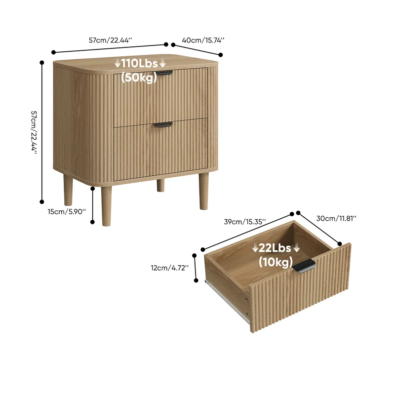 Table de chevet effet chêne cannelés 2 tiroirs, style scandinave ALPINESOFA