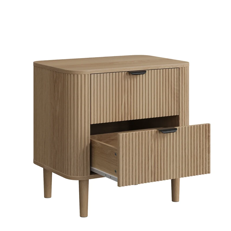 Table de chevet effet chêne cannelés 2 tiroirs, style scandinave ALPINESOFA