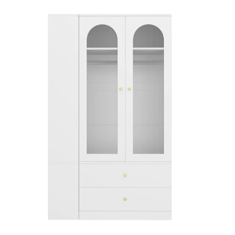 Armoire blanche 4 tiroirs, 2 portes en verre strié, style moderne 120x50x200cm ALPINETABLE