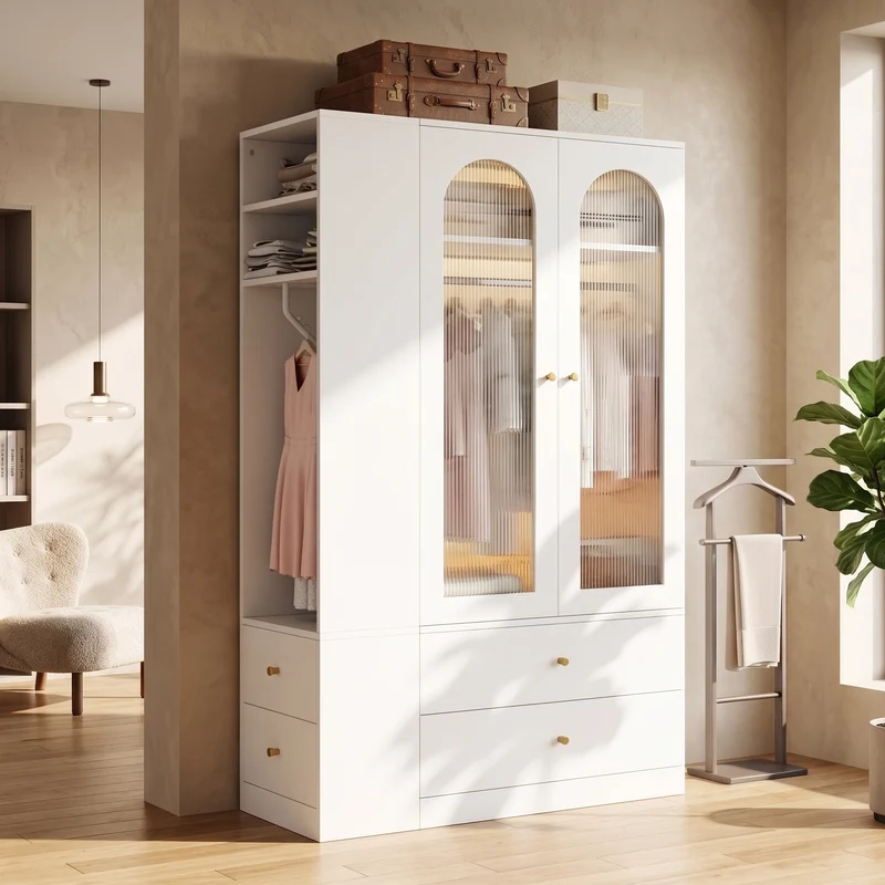 Armoire blanche 4 tiroirs, 2 portes en verre strié, style moderne 120x50x200cm ALPINETABLE