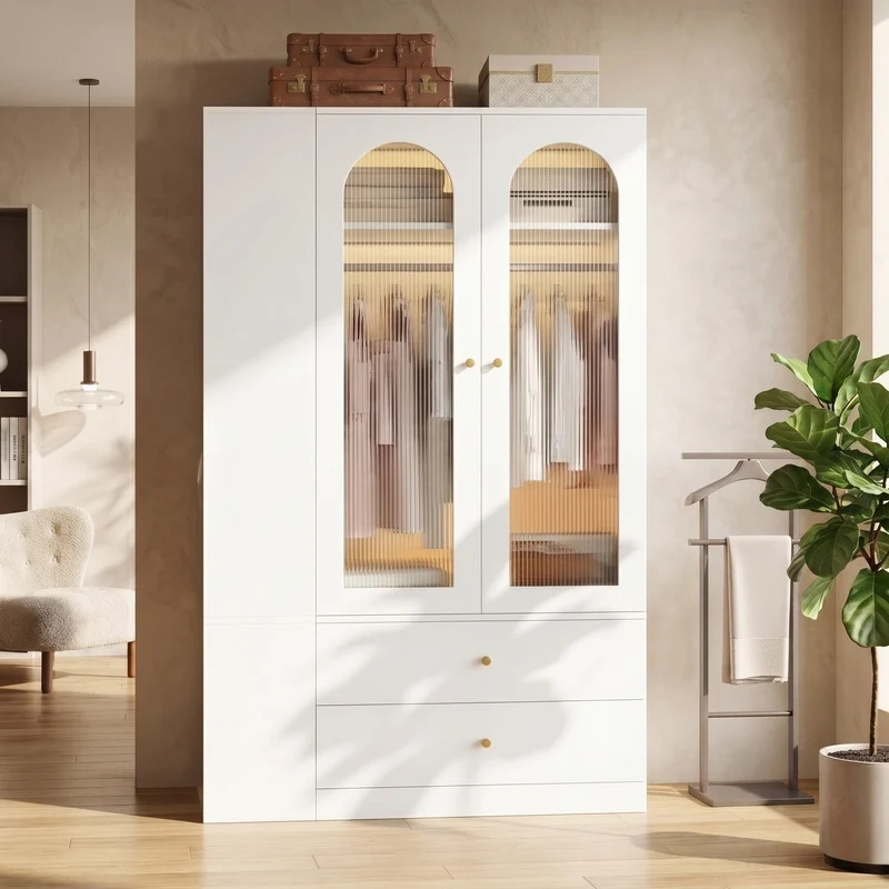 Armoire blanche 4 tiroirs, 2 portes en verre strié, style moderne 120x50x200cm ALPINETABLE