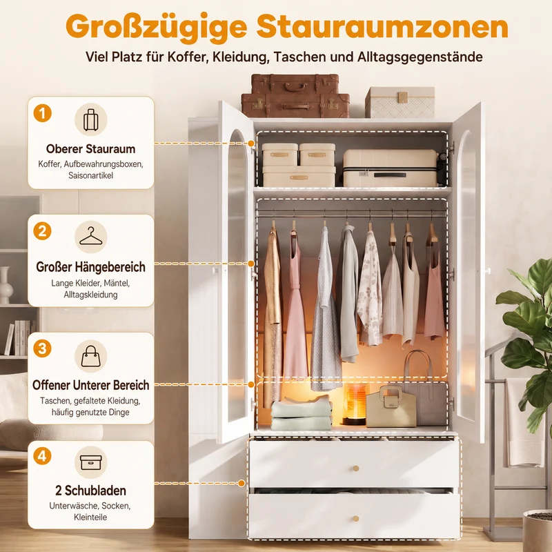 Armoire blanche 4 tiroirs, 2 portes en verre strié, style moderne 120x50x200cm ALPINETABLE