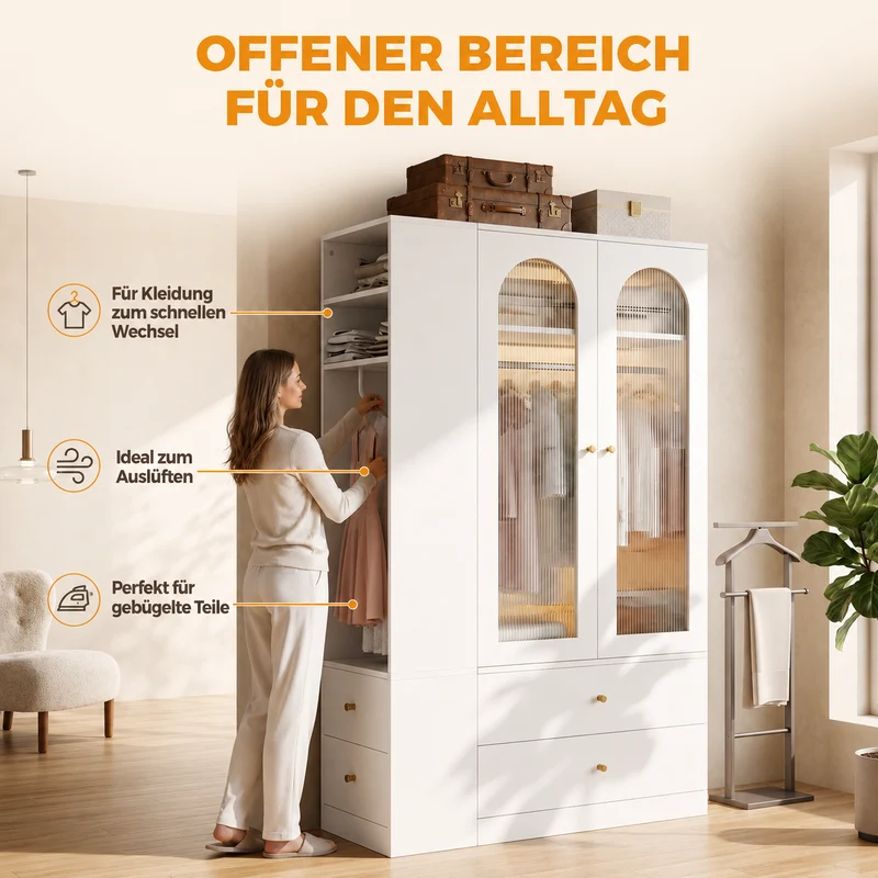 Armoire blanche 4 tiroirs, 2 portes en verre strié, style moderne 120x50x200cm ALPINETABLE