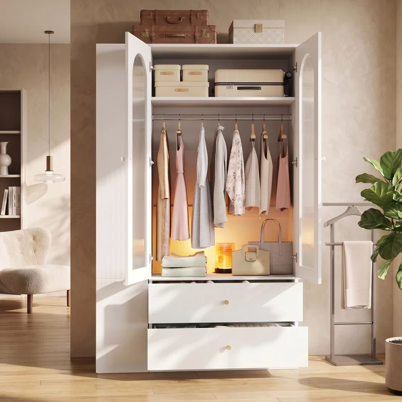 Armoire blanche 4 tiroirs, 2 portes en verre strié, style moderne 120x50x200cm ALPINETABLE