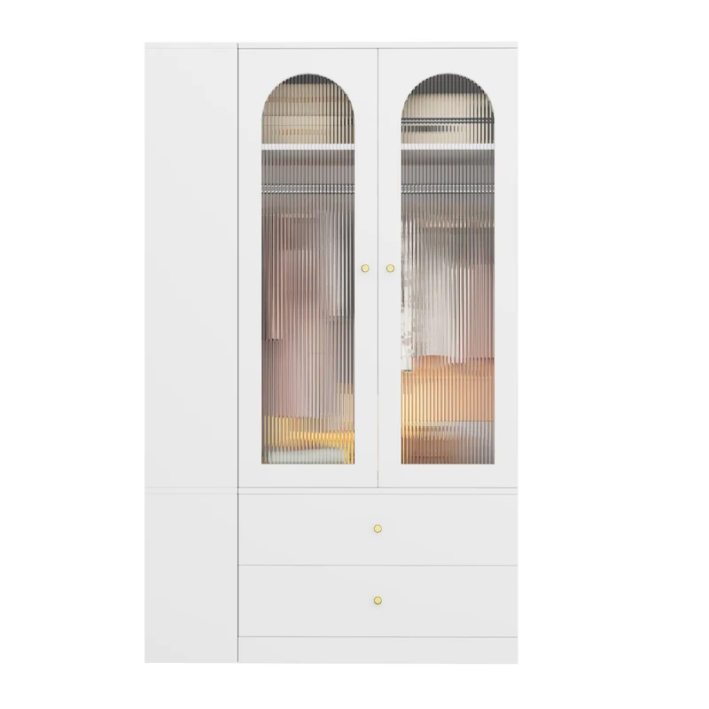 Armoire blanche 4 tiroirs, 2 portes en verre strié, style moderne 120x50x200cm ALPINETABLE