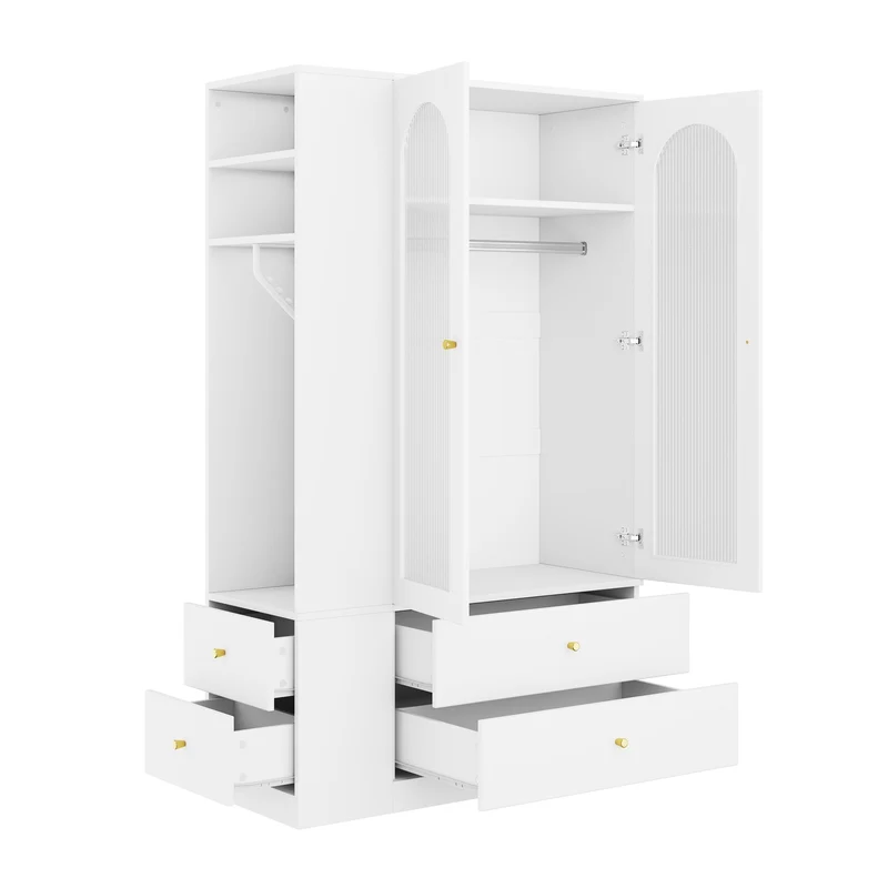 Armoire blanche 4 tiroirs, 2 portes en verre strié, style moderne 120x50x200cm ALPINETABLE