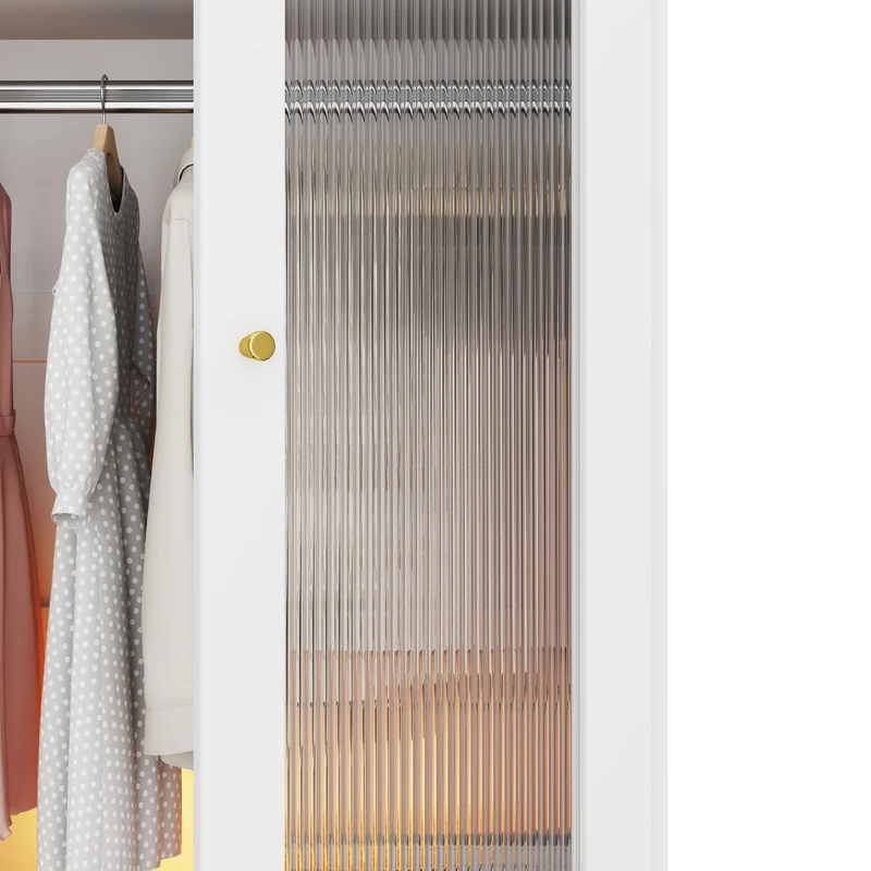 Armoire blanche 4 tiroirs, 2 portes en verre strié, style moderne 120x50x200cm ALPINETABLE
