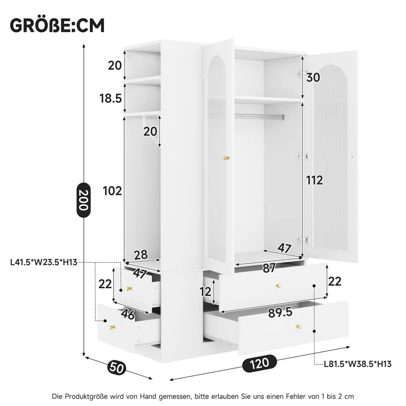 Armoire blanche 4 tiroirs, 2 portes en verre strié, style moderne 120x50x200cm ALPINETABLE
