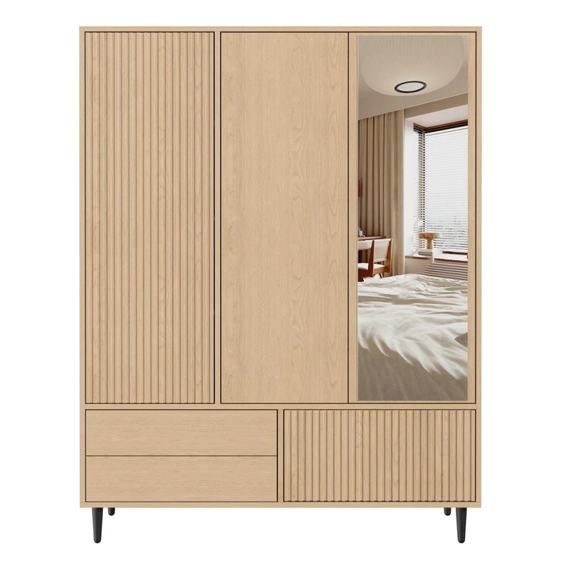 Armoire effet chêne cannelé 3 portes avec miroir 3 tiroirs, style moderne 135x45x200cm AMBERTHROW
