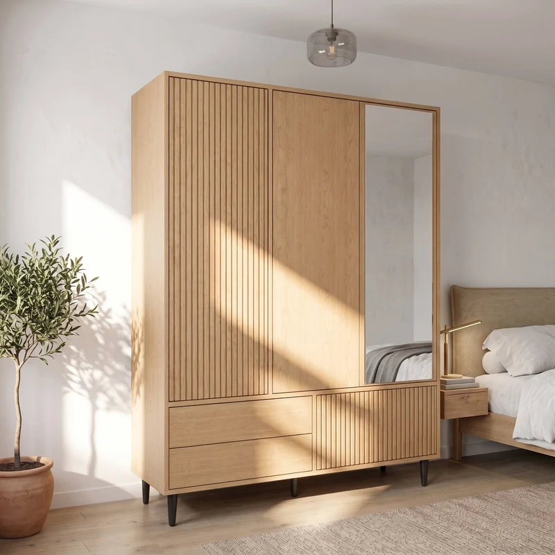 Armoire effet chêne cannelé 3 portes avec miroir 3 tiroirs, style moderne 135x45x200cm AMBERTHROW