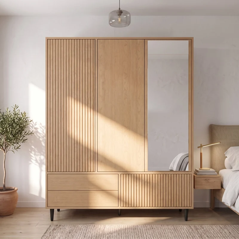Armoire effet chêne cannelé 3 portes avec miroir 3 tiroirs, style moderne 135x45x200cm AMBERTHROW