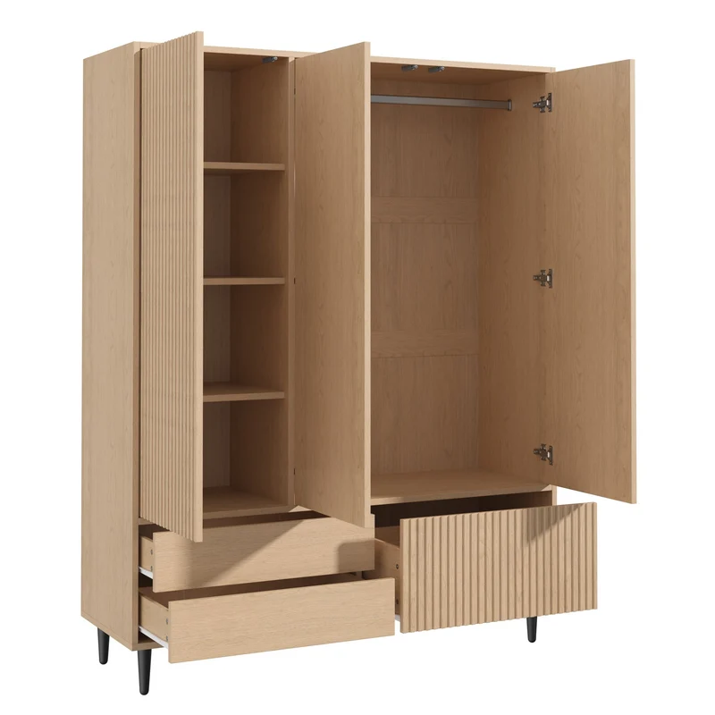 Armoire effet chêne cannelé 3 portes avec miroir 3 tiroirs, style moderne 135x45x200cm AMBERTHROW