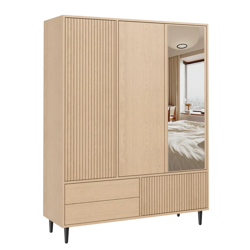 Armoire effet chêne cannelé 3 portes avec miroir 3 tiroirs, style moderne 135x45x200cm AMBERTHROW