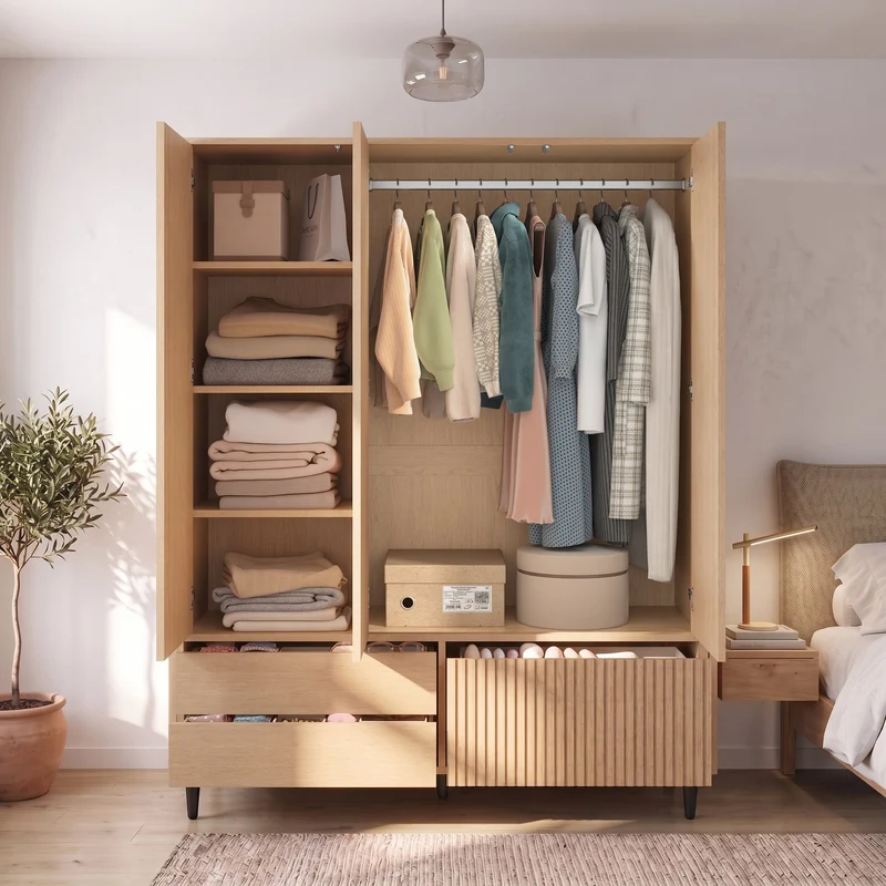 Armoire effet chêne cannelé 3 portes avec miroir 3 tiroirs, style moderne 135x45x200cm AMBERTHROW