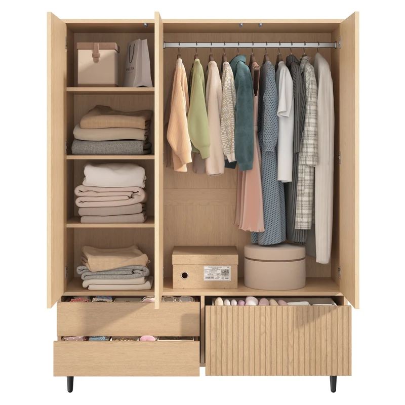 Armoire effet chêne cannelé 3 portes avec miroir 3 tiroirs, style moderne 135x45x200cm AMBERTHROW