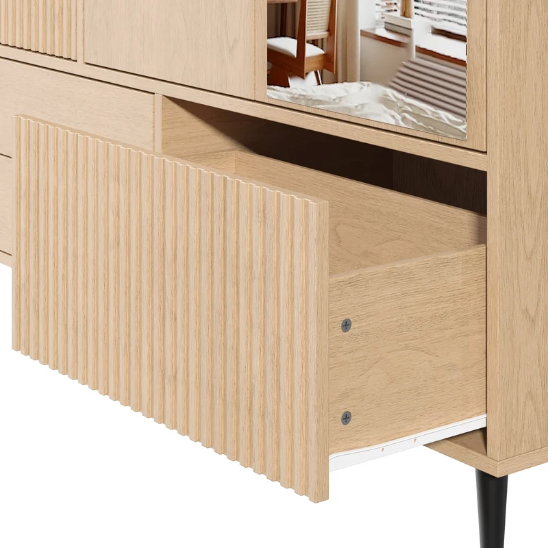Armoire effet chêne cannelé 3 portes avec miroir 3 tiroirs, style moderne 135x45x200cm AMBERTHROW