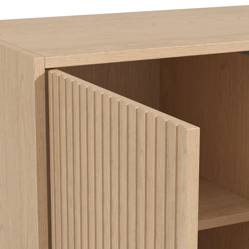 Armoire effet chêne cannelé 3 portes avec miroir 3 tiroirs, style moderne 135x45x200cm AMBERTHROW