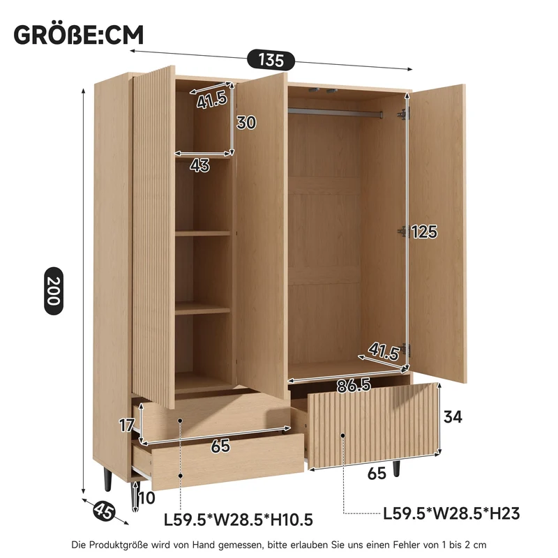 Armoire effet chêne cannelé 3 portes avec miroir 3 tiroirs, style moderne 135x45x200cm AMBERTHROW