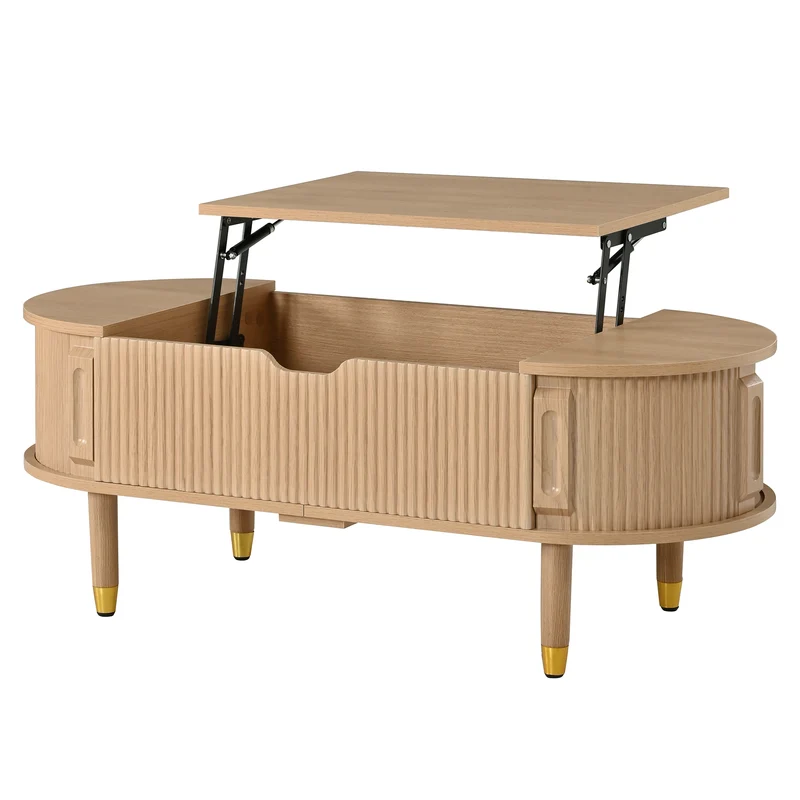 Table basse relevable effet bois, rangements à portes coulissantes 110cm ACORNPEDESTAL