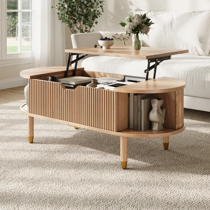 Table basse relevable effet bois, rangements à portes coulissantes 110cm ACORNPEDESTAL