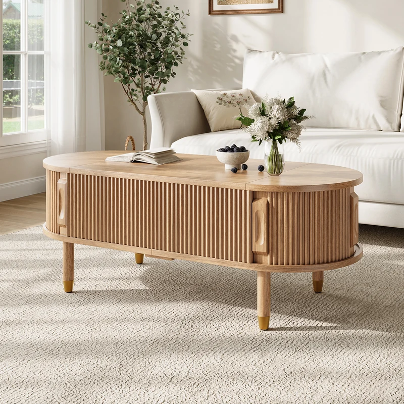 Table basse relevable effet bois, rangements à portes coulissantes 110cm ACORNPEDESTAL