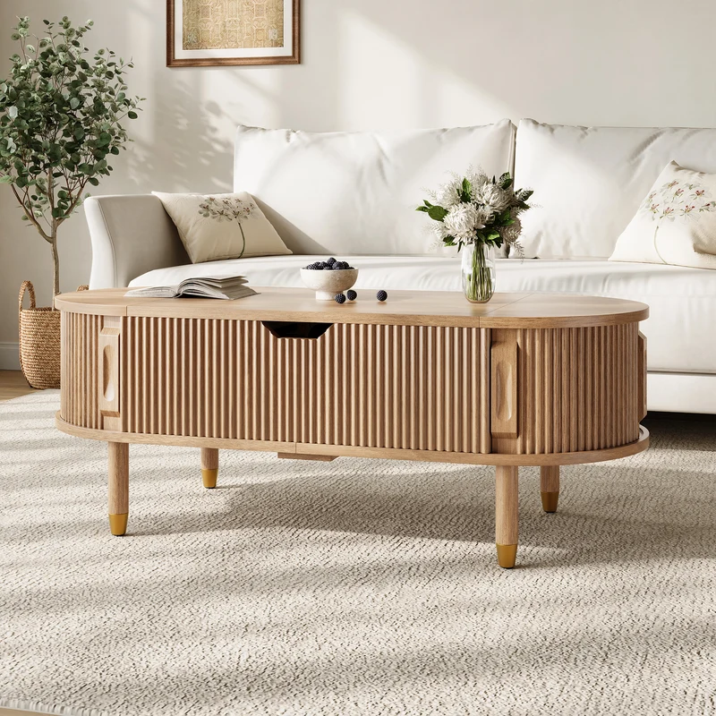 Table basse relevable effet bois, rangements à portes coulissantes 110cm ACORNPEDESTAL