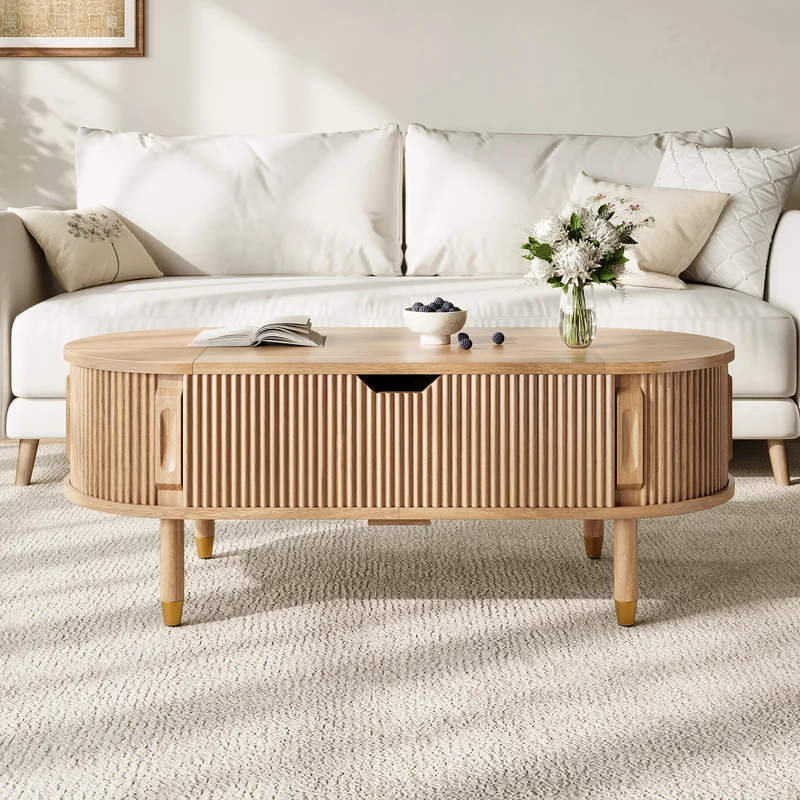 Table basse relevable effet bois, rangements à portes coulissantes 110cm ACORNPEDESTAL