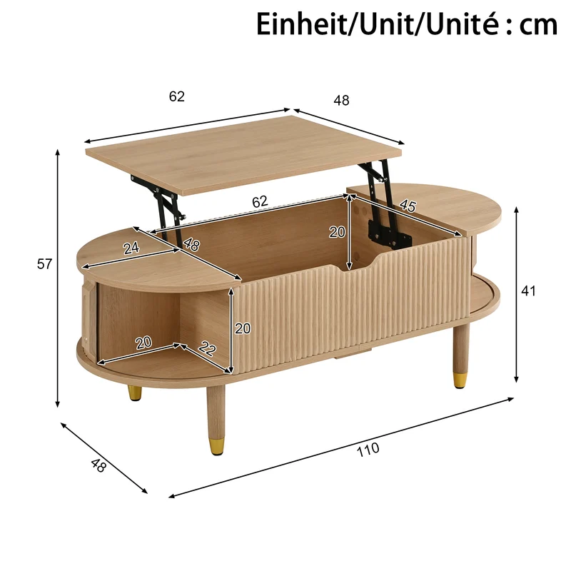 Table basse relevable effet bois, rangements à portes coulissantes 110cm ACORNPEDESTAL