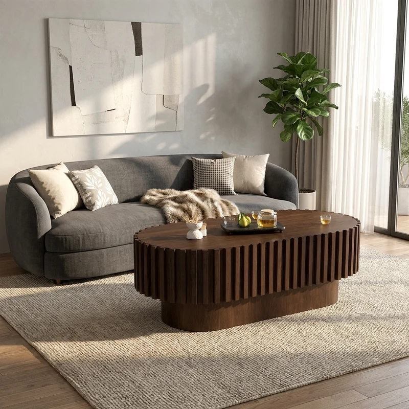 Table basse ovale effet noyer avec tiroir et décor cannelé 100x50cm AMBERDRESSER