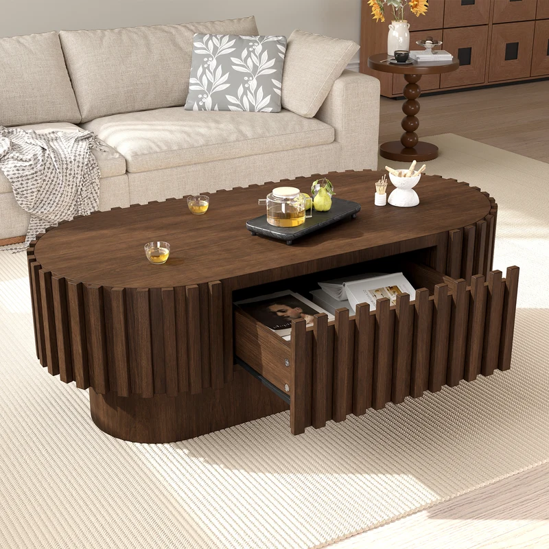Table basse ovale effet noyer avec tiroir et décor cannelé 100x50cm AMBERDRESSER
