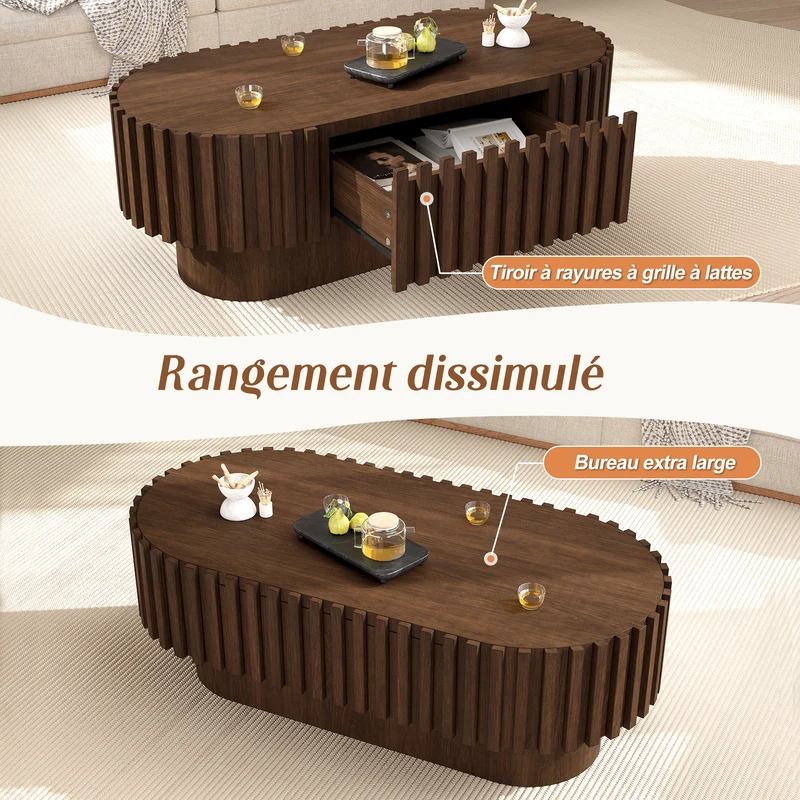 Table basse ovale effet noyer avec tiroir et décor cannelé 100x50cm AMBERDRESSER