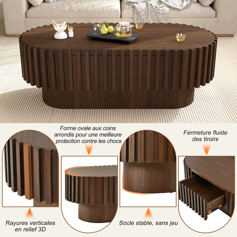 Table basse ovale effet noyer avec tiroir et décor cannelé 100x50cm AMBERDRESSER