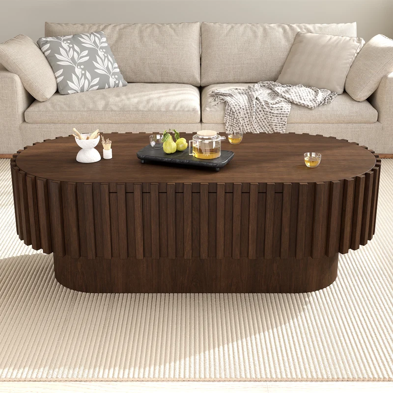 Table basse ovale effet noyer avec tiroir et décor cannelé 100x50cm AMBERDRESSER