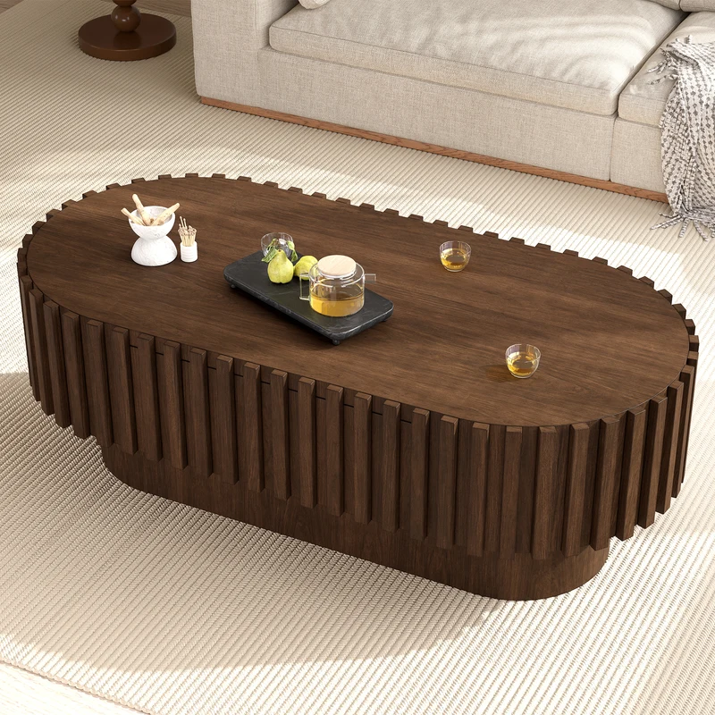 Table basse ovale effet noyer avec tiroir et décor cannelé 100x50cm AMBERDRESSER