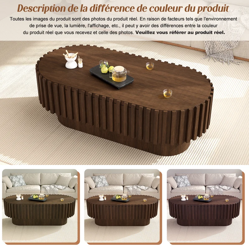 Table basse ovale effet noyer avec tiroir et décor cannelé 100x50cm AMBERDRESSER