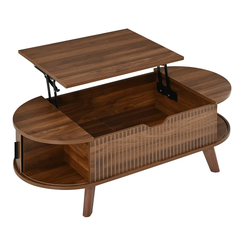 Table basse relevable ovale effet noyer, style moderne, et rangements 110cm ACORNTROLLEY