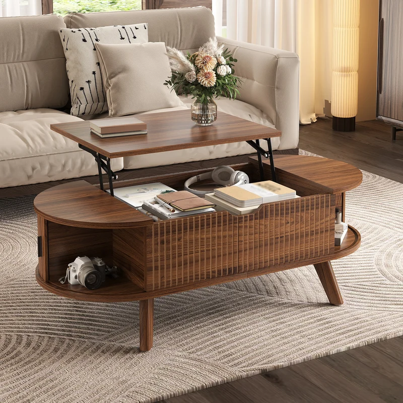Table basse relevable ovale effet noyer, style moderne, et rangements 110cm ACORNTROLLEY