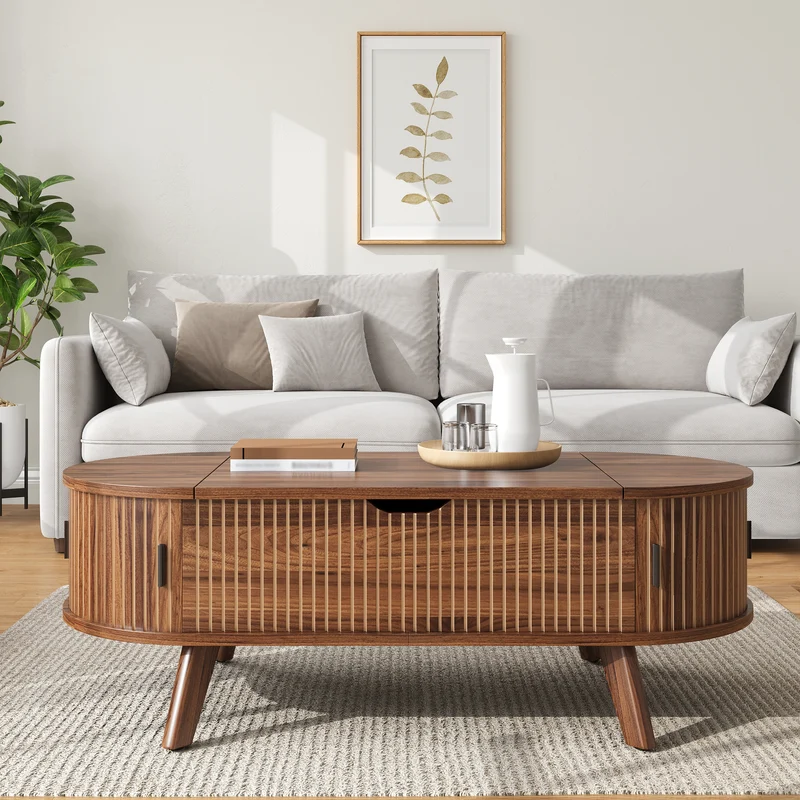 Table basse relevable ovale effet noyer, style moderne, et rangements 110cm ACORNTROLLEY