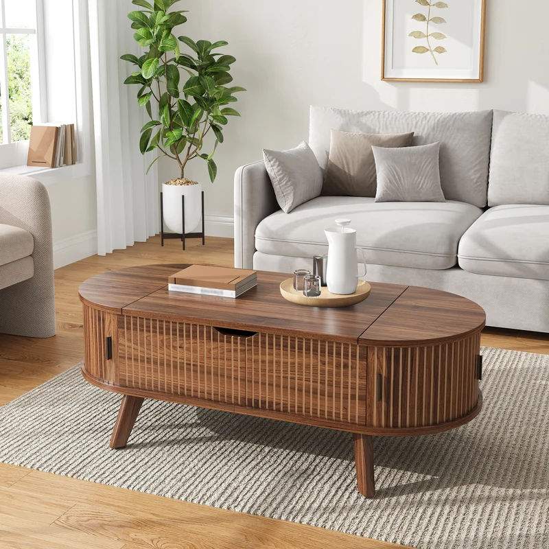 Table basse relevable ovale effet noyer, style moderne, et rangements 110cm ACORNTROLLEY