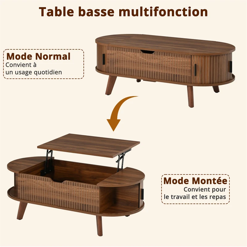 Table basse relevable ovale effet noyer, style moderne, et rangements 110cm ACORNTROLLEY
