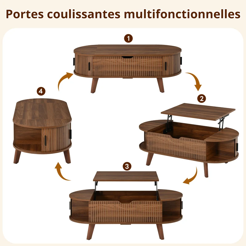 Table basse relevable ovale effet noyer, style moderne, et rangements 110cm ACORNTROLLEY