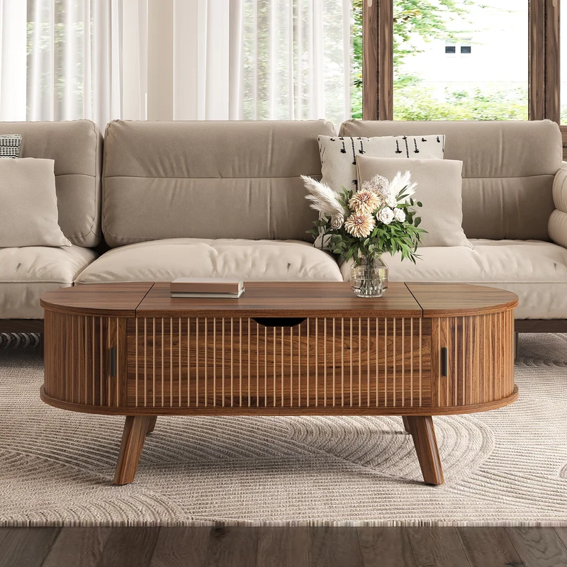 Table basse relevable ovale effet noyer, style moderne, et rangements 110cm ACORNTROLLEY