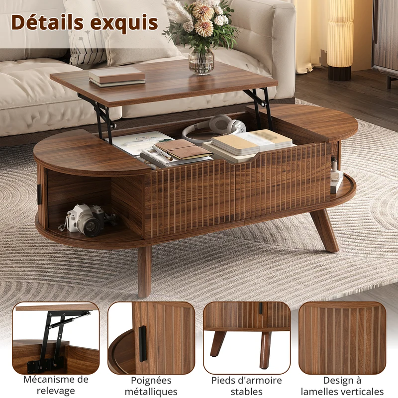 Table basse relevable ovale effet noyer, style moderne, et rangements 110cm ACORNTROLLEY