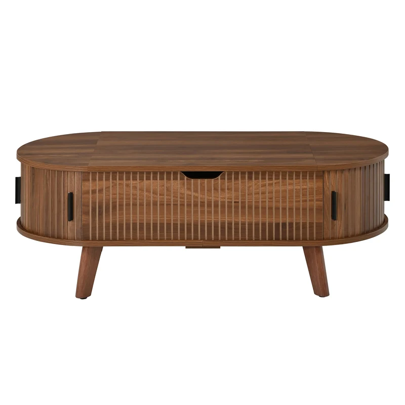 Table basse relevable ovale effet noyer, style moderne, et rangements 110cm ACORNTROLLEY